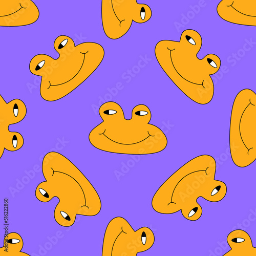 square vector seamless pattern - purple frog characters in hippie style.1970 good vibes.Funky and groovy 1970 trippy toad.Funky 1960 psychedelic ornament with anuran dude.Funny crazy quirky background