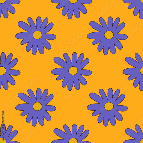 square vector seamless pattern - flower in hippie style.1970 good vibes.Funky and groovy 1970 daisy flower.Funky 1960 psychedelic ornament with floral.Kidcore kawaii wallpaper and fabric.Floral naive 