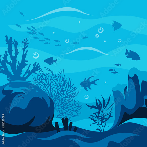 Vector ocean world. Deep seascape with seaweeds  fish and corals. Aquatic ecosystem. Blue background. Illustration of undersea bottom.