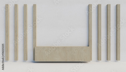 Wooden slats on a white wall. 3d rendering