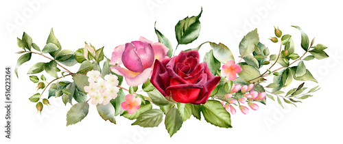Watercolor floral wreath. Rose flowers. Botanical illustration isolated on white background. Red, yellow, blush, pink garden roses. 