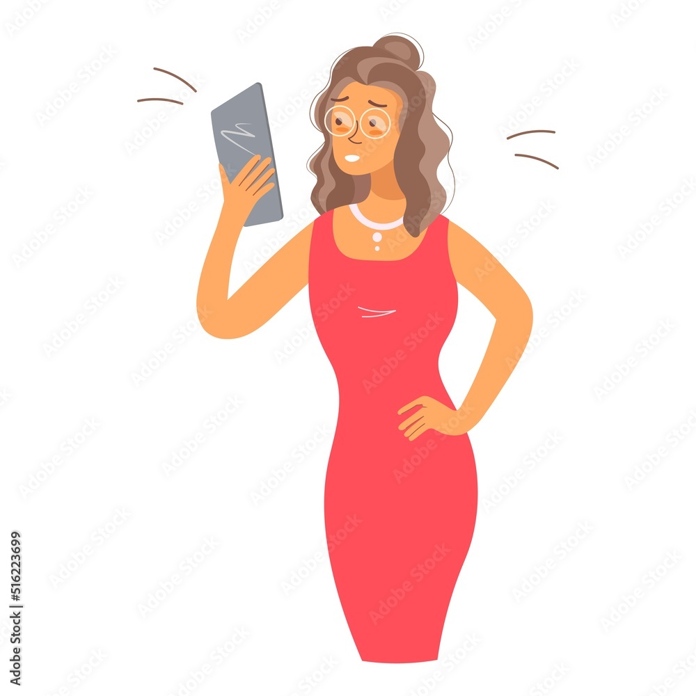 Funny shocked woman looks into her smartphone or tablet. Human emotions and concept illustration in cartoon flat style. Stress and problems, troubles, political news and unexpected surprises. Vector. Funny shocked woman looks into her smartphone or tablet. Human emotions and concept illustration in cartoon flat style. Stress and problems, troubles, political news and unexpected surprises. Vector.