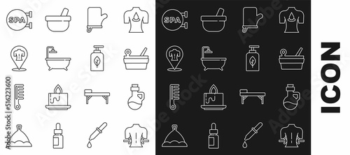 Set line Massage, Essential oil bottle, Sauna bucket and ladle, mittens, Bathtub, Spa salon and icon. Vector