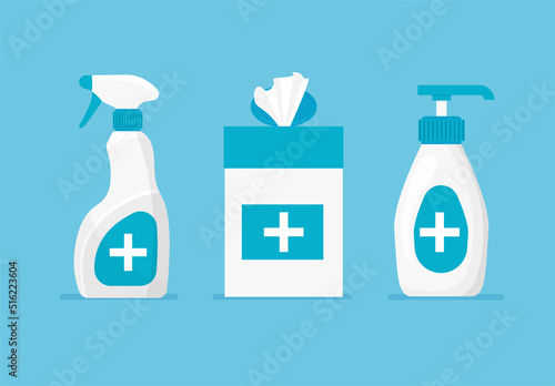 Set of hand disinfectant bottle, disinfection spray and wet wipes in trendy flat style. Antiseptic template. Vector illustrations isolated.
