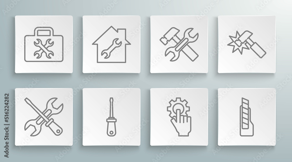 Set line Screwdriver and wrench, House repair, Settings in the hand, Stationery knife, Hammer, and Toolbox icon. Vector