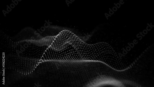 Futuristic black and white luminous wave. The concept of big data. Network connection. Cybernetics. Abstract dark background of white dots forming a wave. 3d rendering.