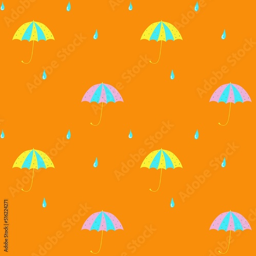 cute seamless background, weather-themed, bright umbrellas and raindrops, endless texture hand-drawn, for printing on paper, napkins, textiles, packaging and web design © Larisa Koyashova