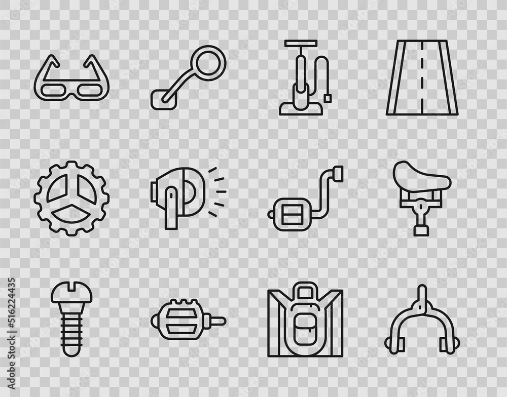 Set line Metallic screw, Bicycle brake calipers, air pump, pedal, Sport cycling sunglasses, head lamp, Hiking backpack and seat icon. Vector Set line Metallic screw, Bicycle brake calipers, air pump, pedal, Sport cycling sunglasses, head lamp, Hiking backpack and seat icon. Vector