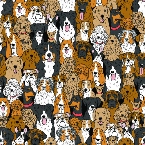 Seamless vector pattern with cute hand drawn dogs and flowers. Dogs different breeds. Bulldog, spaniel, corgi,chihuahua. Perfect for kids apparel, textile, nursery, wrapping paper