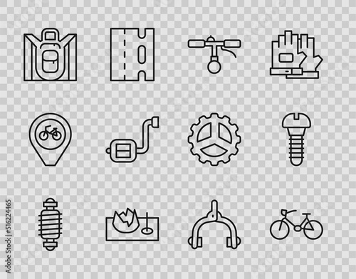 Set line Bicycle suspension, handlebar, street ramp, Hiking backpack, pedal, brake calipers and Metallic screw icon. Vector