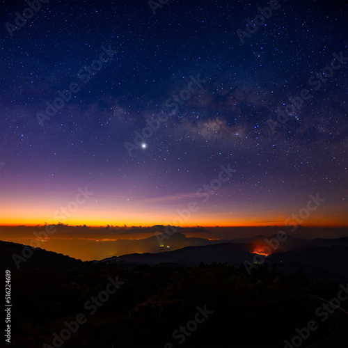 Milky way with brightest Venus in 2022 above Doi Inthanon National park at dawn, Chiang mai, Thailand.