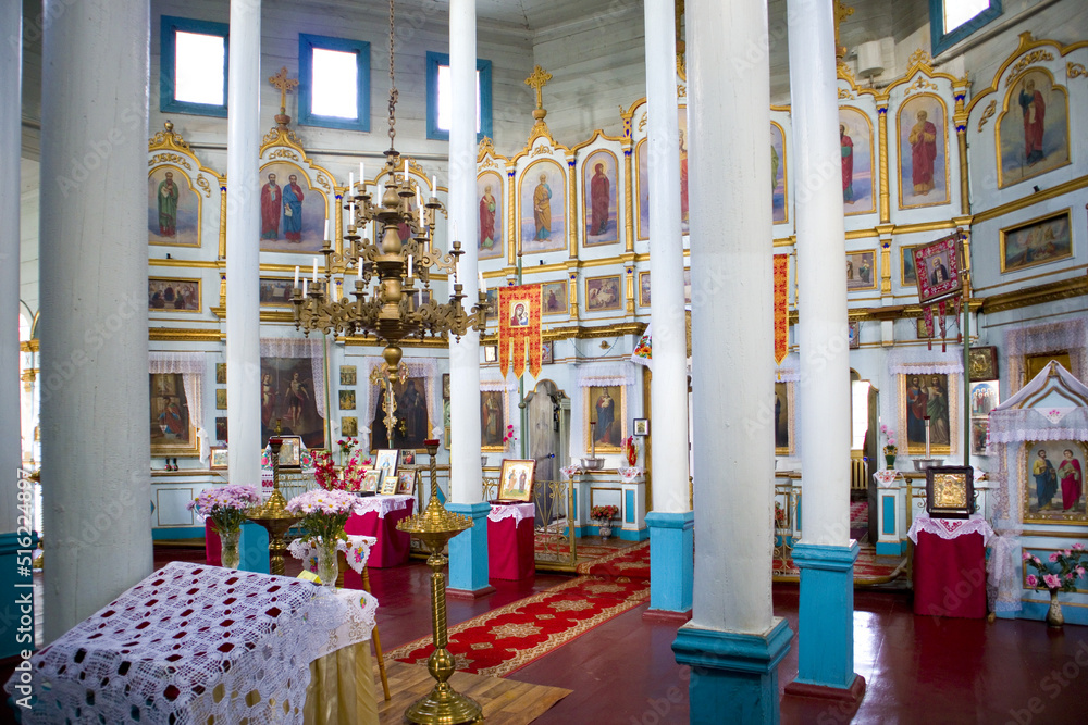 Interior of wooden Church of Cosmas and Damian in the village of Kolentsy, Kyiv Oblast, Ukraine	
