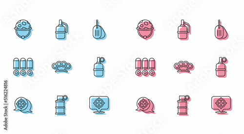 Set line Target sport, Hand smoke grenade, Military helmet, Brass knuckles, Bullet and icon. Vector