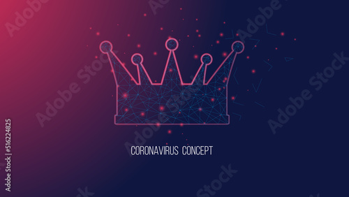 Coronavirus danger concept. Crown from triangles and luminous points. Background of beautiful dark red blue.