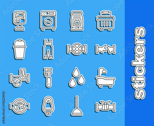 Set line Industry metallic pipe, Bathtub, Broken, Laundry detergent, Work overalls, Bucket, Pressure water meter and and valve icon. Vector