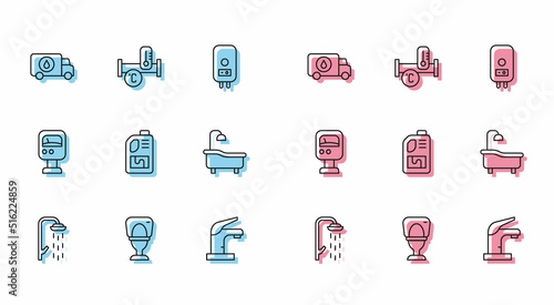 Set line Shower, Toilet bowl, Plumber service car, Water tap, Drain cleaner bottle, Bathtub, Pressure water meter and Industry metallic pipe icon. Vector