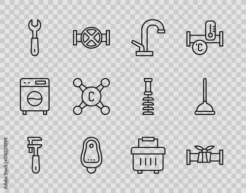 Set line Pipe adjustable wrench, Industry metallic pipe, Water tap, Toilet urinal or pissoir, Wrench spanner, Toolbox and Rubber plunger icon. Vector