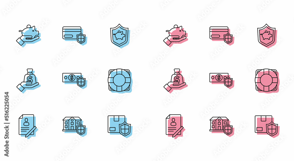 Set line Document with shield, House, Piggy bank in hand, Delivery security, Money, Lifebuoy, and Credit card icon. Vector Set line Document with shield, House, Piggy bank in hand, Delivery security, Money, Lifebuoy, and Credit card icon. Vector