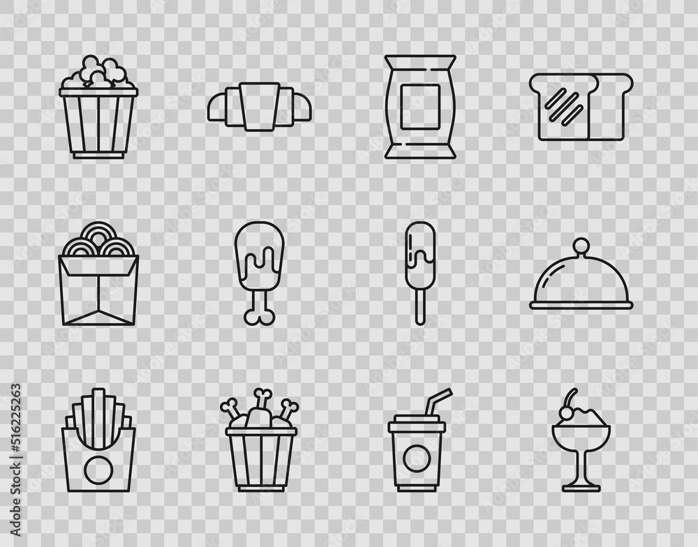 Set line Potatoes french fries in box, Ice cream bowl, Bag or packet potato chips, Chicken leg package, Popcorn, Paper glass with straw and Covered tray icon. Vector Set line Potatoes french fries in box, Ice cream bowl, Bag or packet potato chips, Chicken leg package, Popcorn, Paper glass with straw and Covered tray icon. Vector