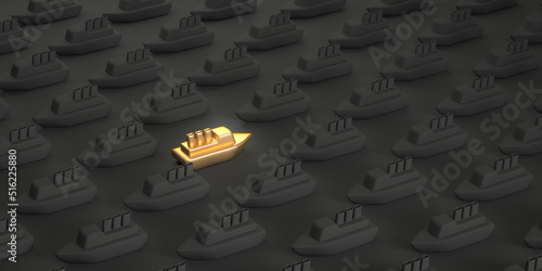 Golden boat On contrary, opposite, One not like other, Contrarian, be against the trend and be non-conformist 3d render