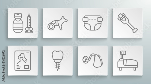 Set line X-ray shots, Dog in wheelchair, Dental implant, Hearing aid, Hospital bed, Adult diaper, Prosthesis leg and Syringe icon. Vector