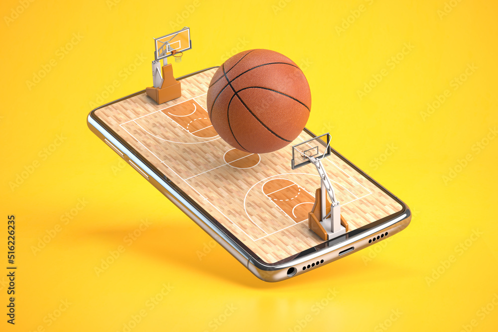 Basketball ball on a basketball court on mobile phone or smartphone. Video game, betting online and watching match online concept.