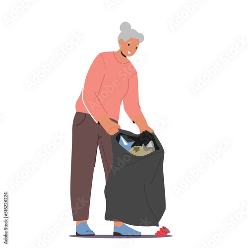 Senior Woman Collecting Garbage into Litter Sack, Environment Pollution, Ecology Protection and Struggle with Trash