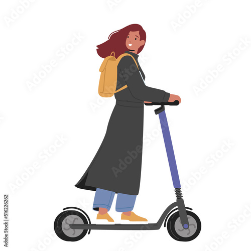 Woman Cyclist Riding Scooter Isolated on White Background. Outdoors Active Life and Activity, Transport in Town