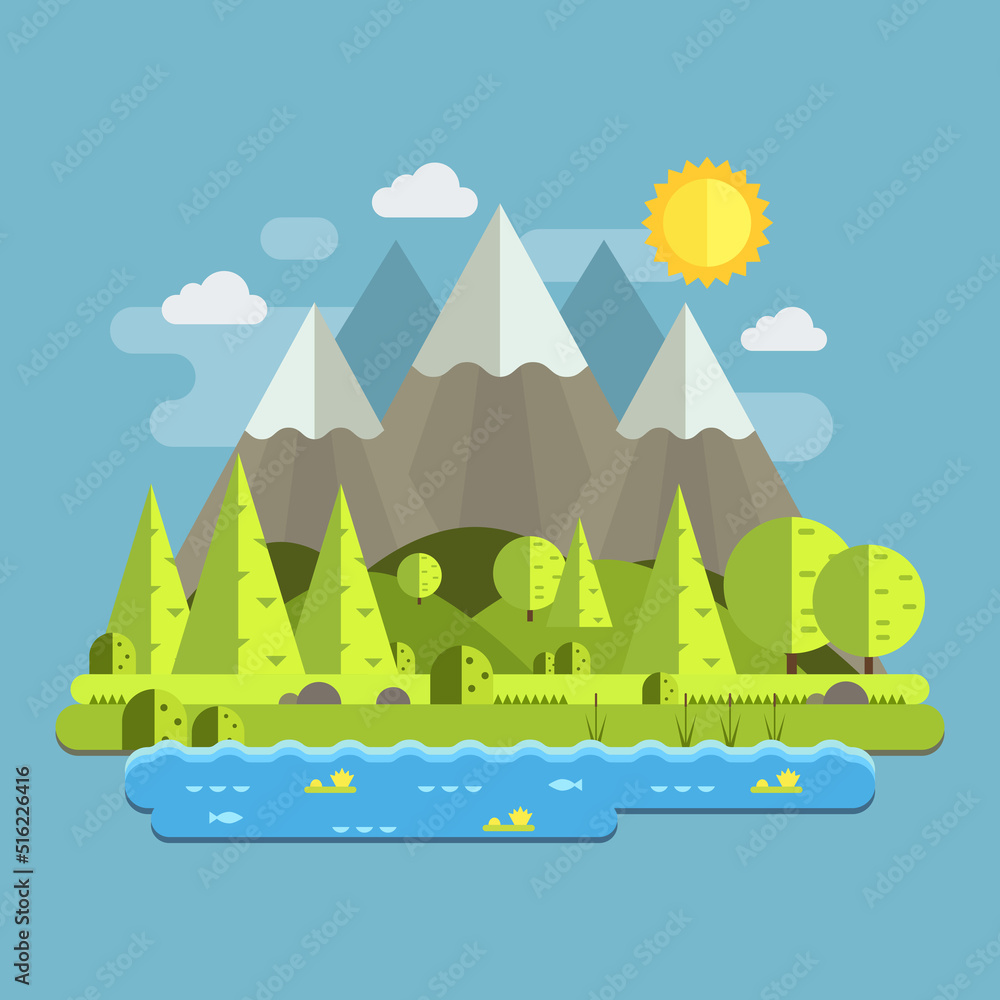 Summer  landscape. Morning in the mountains. Solitude in nature by the river. Weekend in the tent. Hiking and camping. Vector flat illustration
