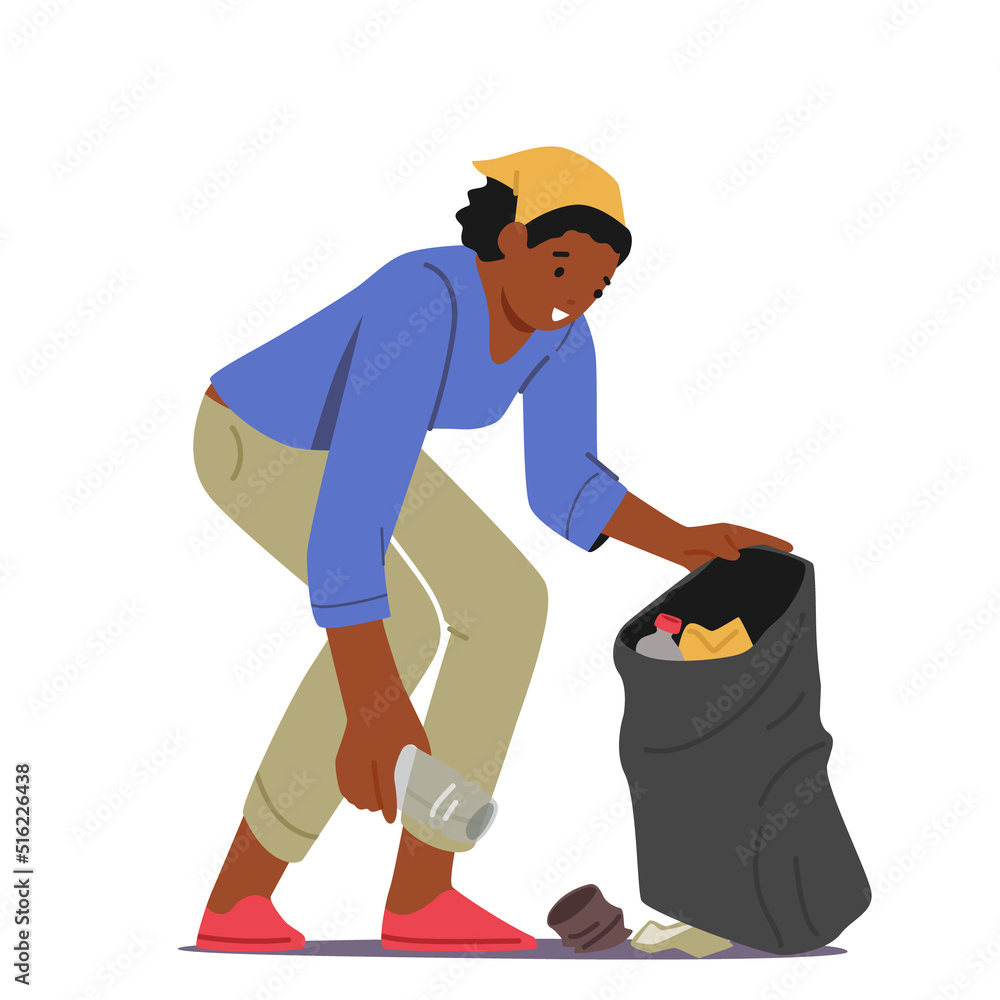 Volunteering, Ecology Protection Concept. Volunteer Female Character Work, Cleaning Garbage. Woman Collecting Litter Volunteering, Ecology Protection Concept. Volunteer Female Character Work, Cleaning Garbage. Woman Collecting Litter