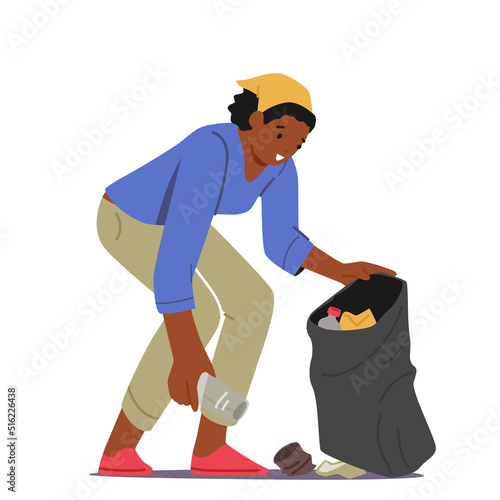 Volunteering, Ecology Protection Concept. Volunteer Female Character Work, Cleaning Garbage. Woman Collecting Litter