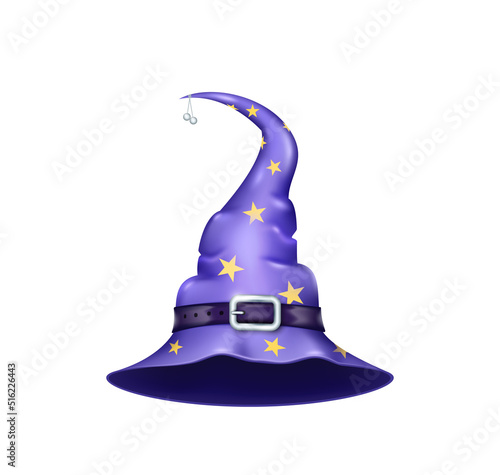 Realistic witch hat. Halloween holiday element purple wizard cap with stars and belt