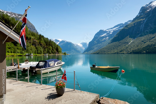 Landscape of Lodalen valley with Lovatnet lake in summer, Norway