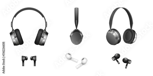 Set of realistic wireless earphones headphones mobile electronic gadget. Modern bluetooth headset