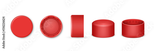 Set of 3d bottle cap or realistic lid for water. Red beverage cover from top and bottom, side view