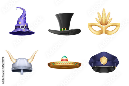 Set of realistic hat. Sombrero, mask, viking helmet, police cop cap, witch hat and magician cylinder