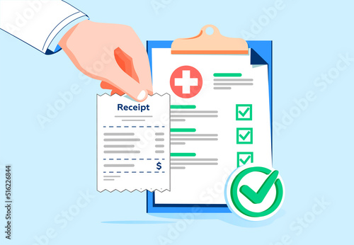 Medical form list with results data, insurance template. Hospital bills payment. Modern flat vector use illustration
