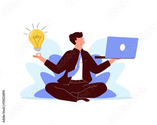 Modern cartoon meditation workflow, mind emotions, lotus position, start and search for ideas vector. Health benefits for body, healthcare. Balance Thought process, business success. Solving problems