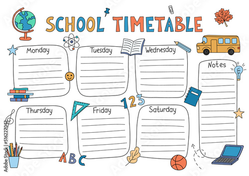 School timetable. Vector planner template for students. Funny doodle school schedule. Kids hand drawn outline design