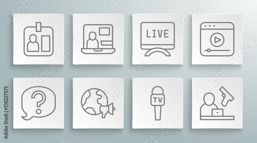 Set line Speech bubble chat, World news, Microphone, Crime, Live report, stream and Journalist id card icon. Vector