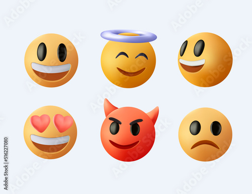 Big set of 3D emoticon smile icons. Comment social media, chat comment reactions, icon template face tear, smile sad, hug love like, Lol, devil emoji character message 3D Cartoon emoji set. Vector