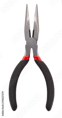 Pliers with red and black handles, isolated on white background. Hand tools for repair.