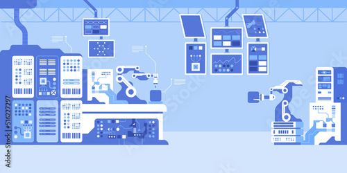 Technology and science for industry development. Flat color vector illustration. High tech in manufacture. Modern technological 2D simple cartoon object in plant interior with machinery on background