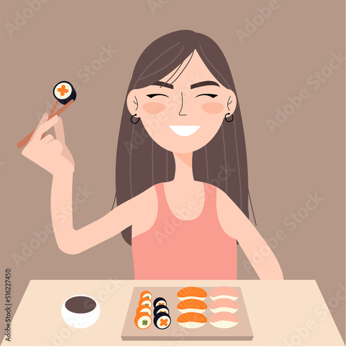 Girl eating japanese sushi rolls with chopsticks, sitting at table smiling, asian restaurant, japanese cuisine, food takeout, salmon sushi rolls, tasty meal, sushi delivery. Vector illustration