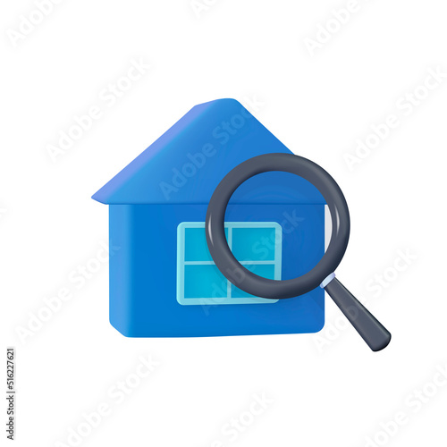 3D House selection and search, house project, real estate business concept, vector illustration. Rising real estate market, increasing the value of houses, square meters. 3D icon render illustration