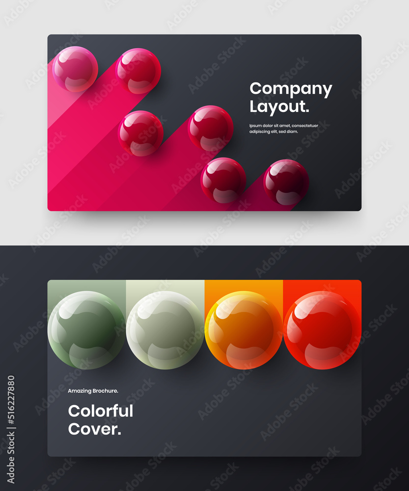Simple 3D spheres horizontal cover illustration bundle. Premium flyer design vector template collection.