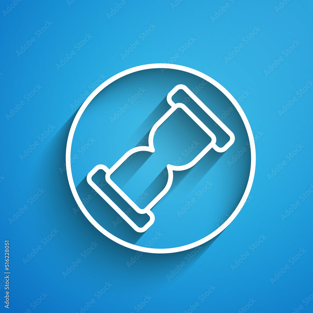White line Old hourglass with flowing sand icon isolated on blue background. Sand clock sign. Business and time management concept. Long shadow. Vector White line Old hourglass with flowing sand icon isolated on blue background. Sand clock sign. Business and time management concept. Long shadow. Vector