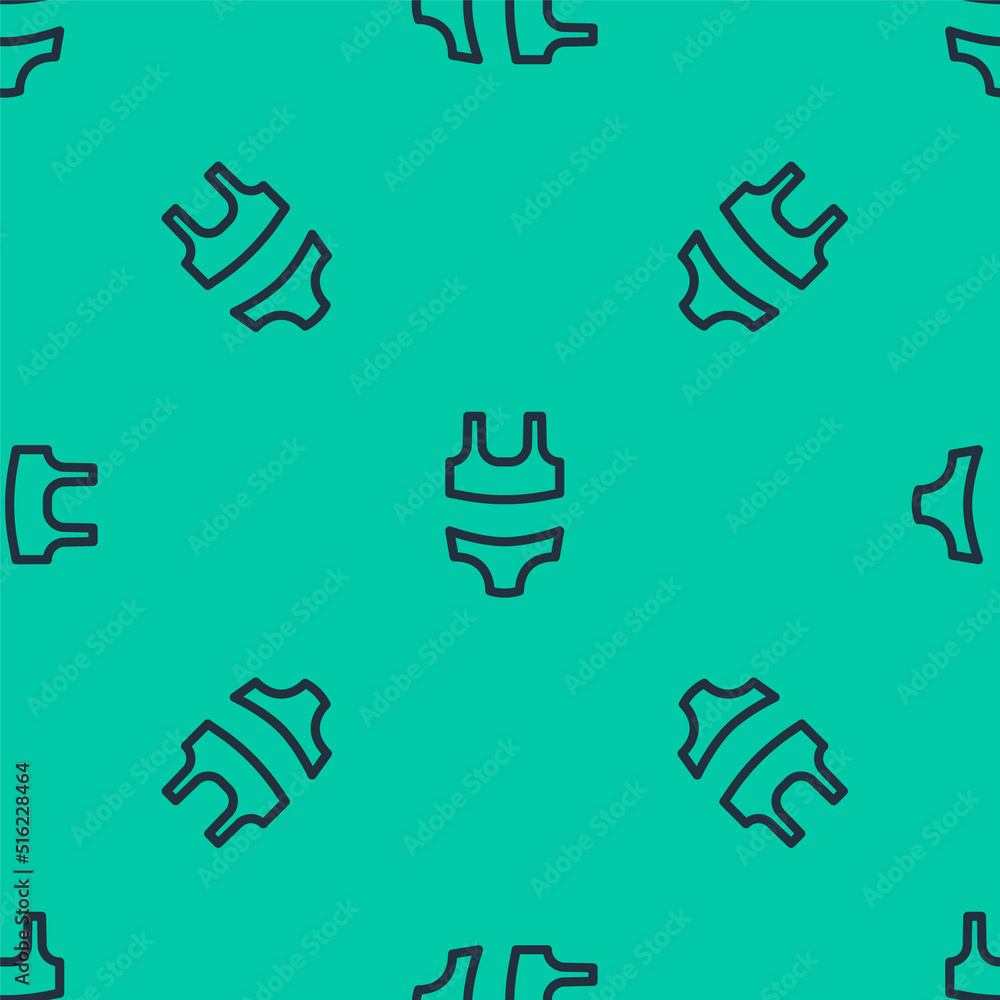 Obraz premium Blue line Summer beach swimsuit icon isolated seamless pattern on green background. Beach women fashion. Vector