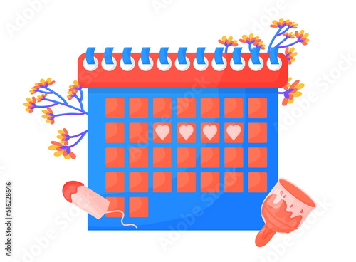 Calendar of the female menstrual cycle, ovulation check. The concept of monthly women's days. Calendar with botanical elements, eucalyptus branches, cotton. Vector illustration in cartoon style