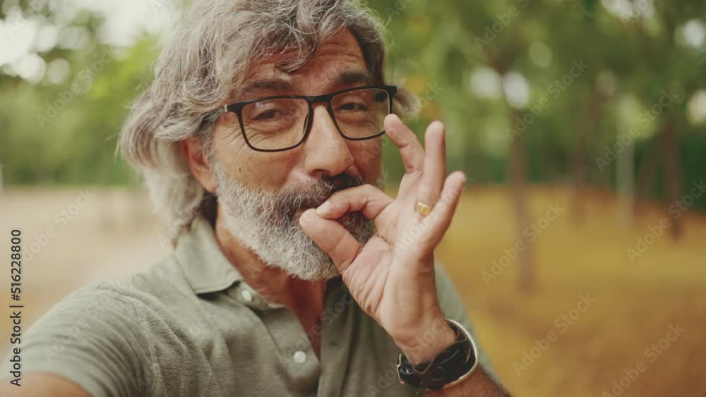 Joyful middle-aged man with gray hair and beard wearing casual clothes uses mobile phone. Mature gentleman in eyeglasses makes selfie, makes video call on his cellphone Joyful middle-aged man with gray hair and beard wearing casual clothes uses mobile phone. Mature gentleman in eyeglasses makes selfie, makes video call on his cellphone